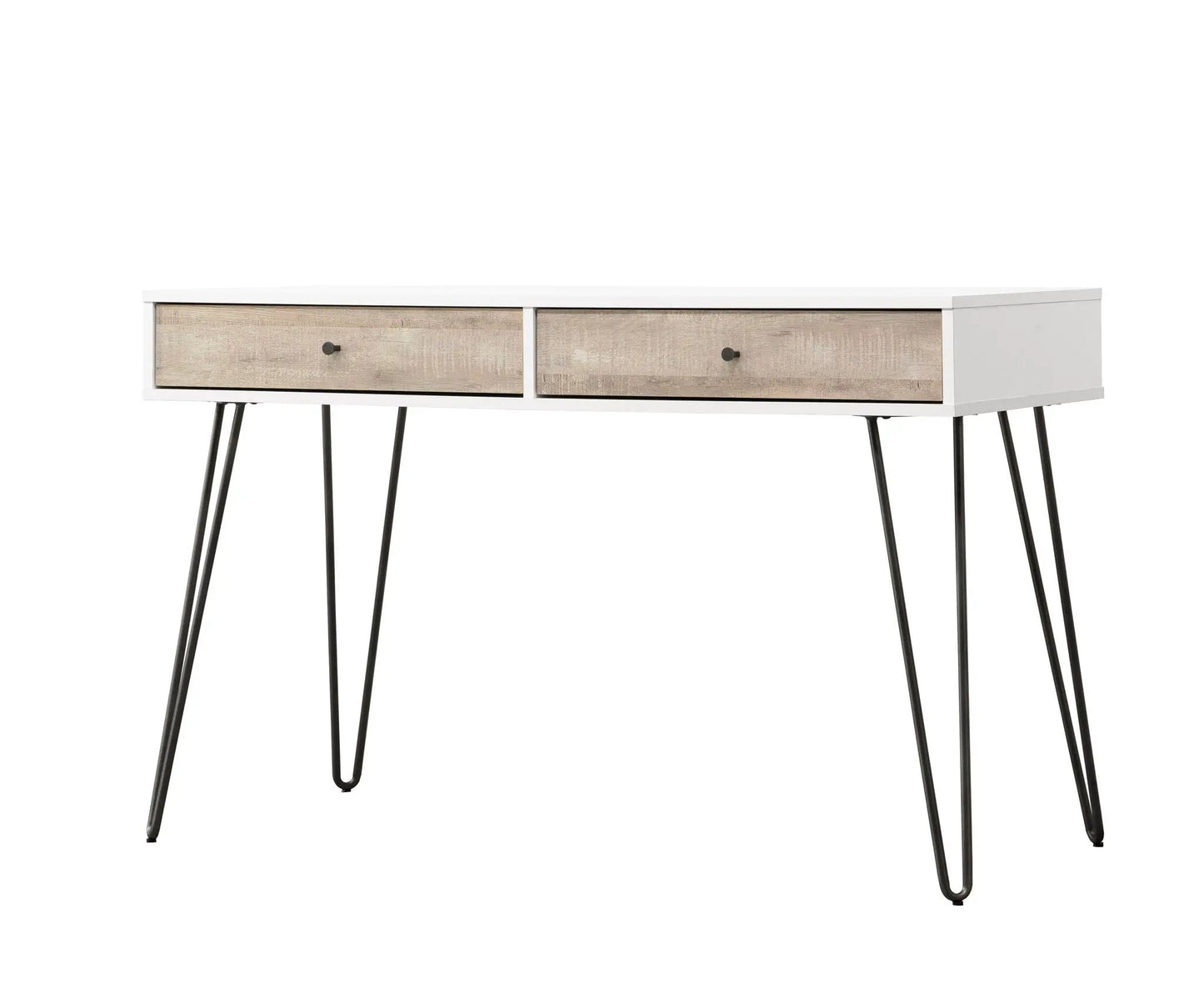 Taupe Oak Desk With Drawers and Metal Accents