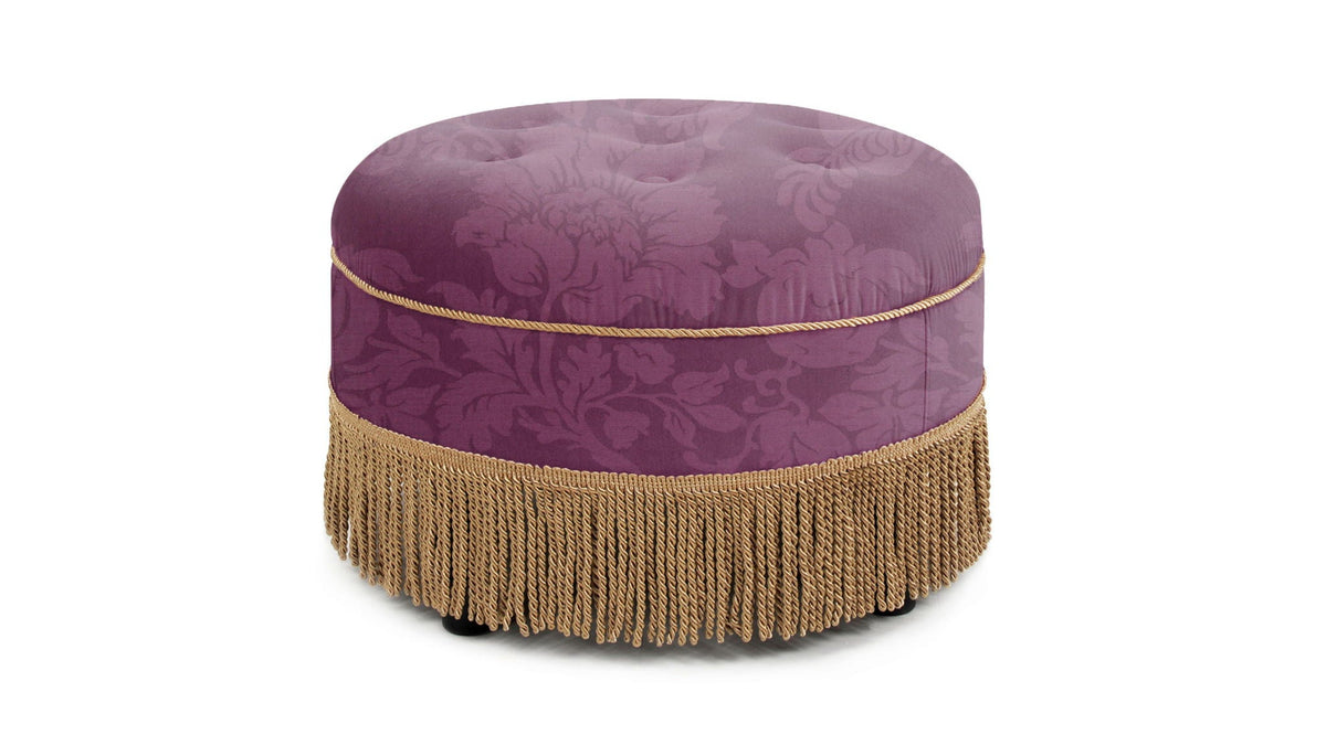 Luxurious round purple velvet ottoman with damask pattern and gold fringe trim on Tampa Home & Garden Store