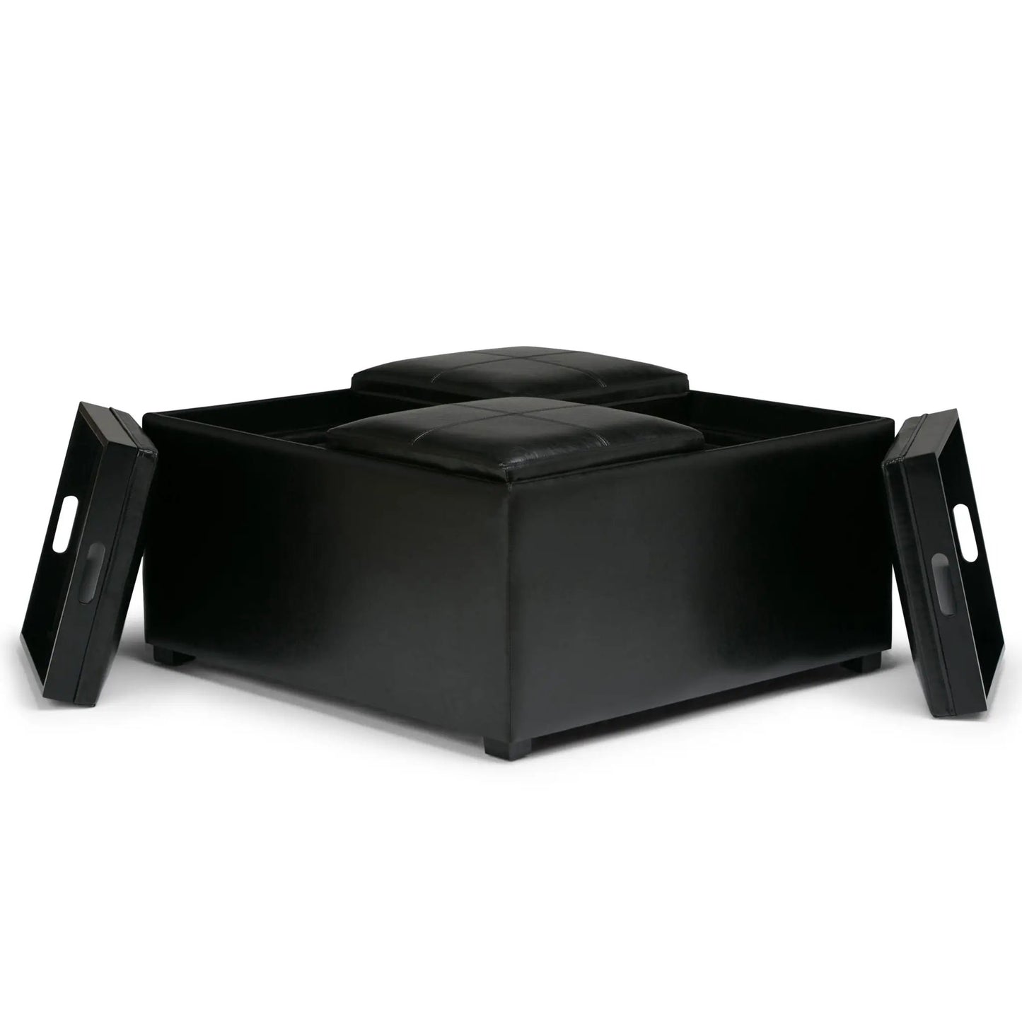 Avalon storage ottoman coffee table in black faux leather with stitched top and metal legs on Tampa Home & Garden Store