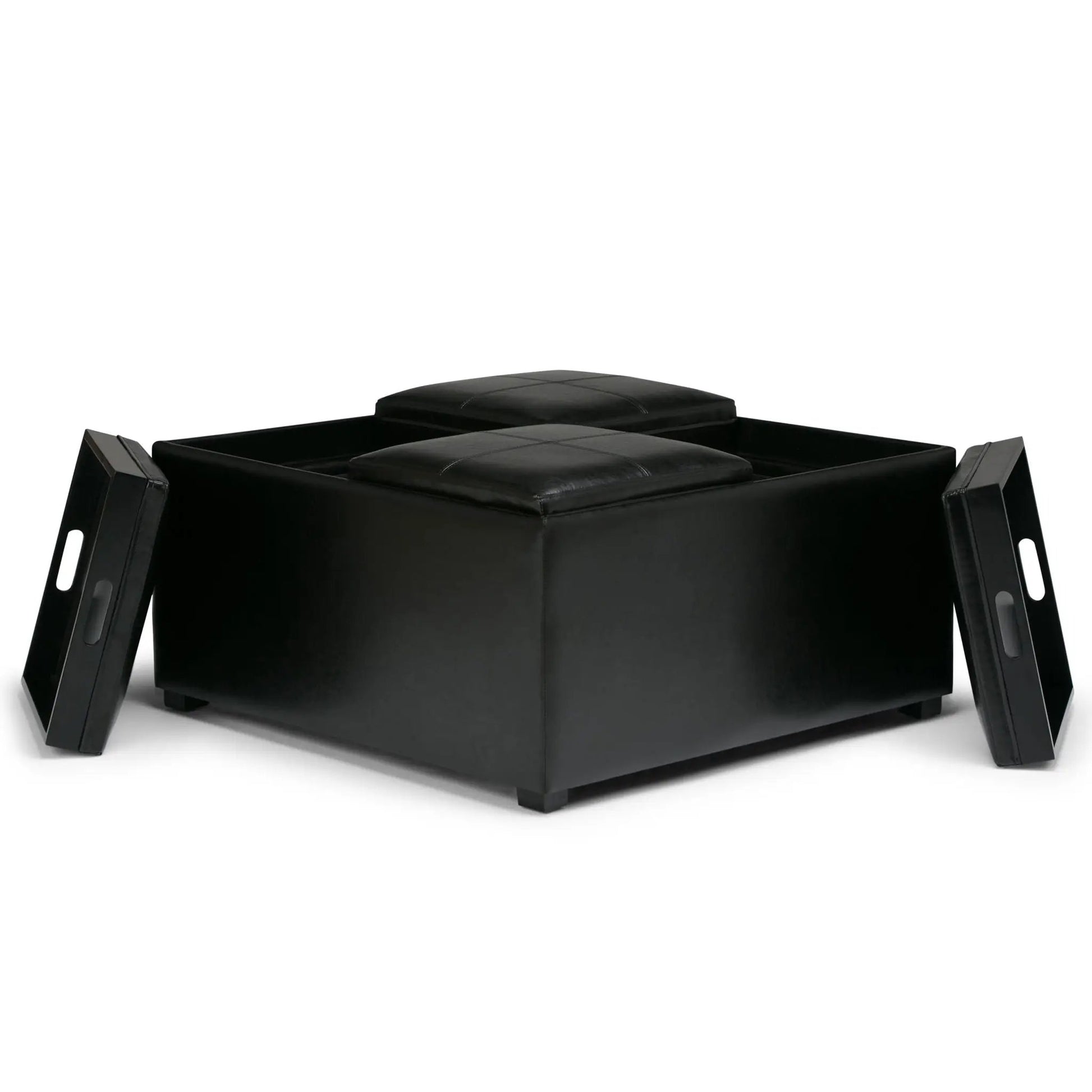 Avalon storage ottoman coffee table in black faux leather with stitched top and metal legs on Tampa Home & Garden Store