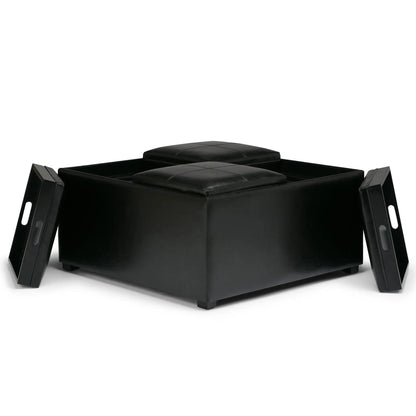 Avalon storage ottoman coffee table in black faux leather with stitched top and metal legs on Tampa Home & Garden Store
