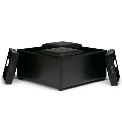 Avalon Square Ottoman Coffee Table With Trays, black leather storage ottoman HouseOfZazla on Tampa Home & Garden Store