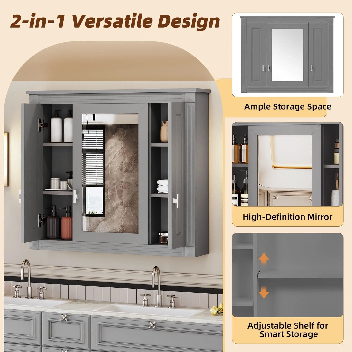 Gray wall-mounted medicine cabinet with mirror and four shelves by Unique Piece Furniture on Tampa Home & Garden Store