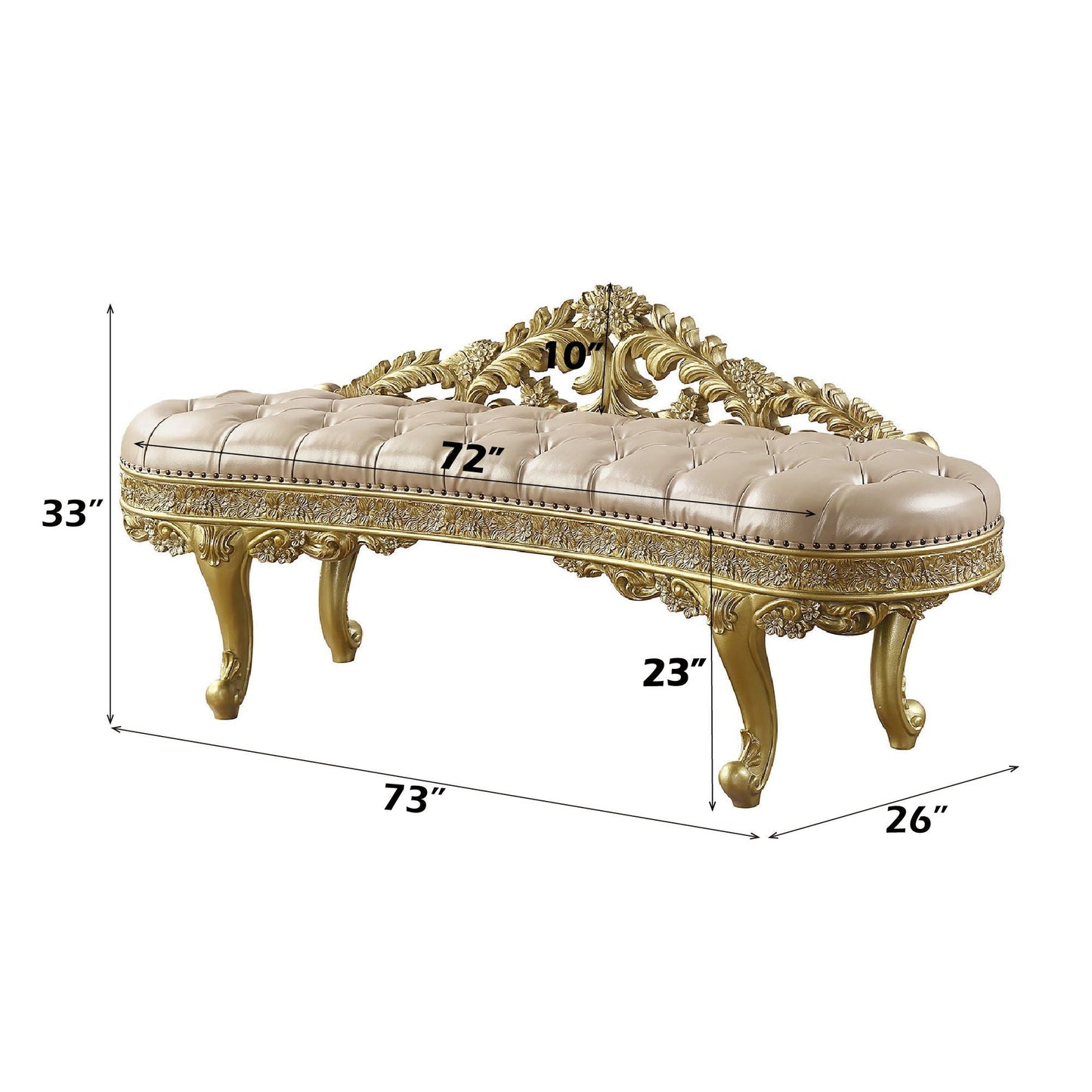 Cabriole synthetic leather bench in gold with cream tufted upholstery and ornate carved frame HouseOfZazla on Tampa Home & Garden Store