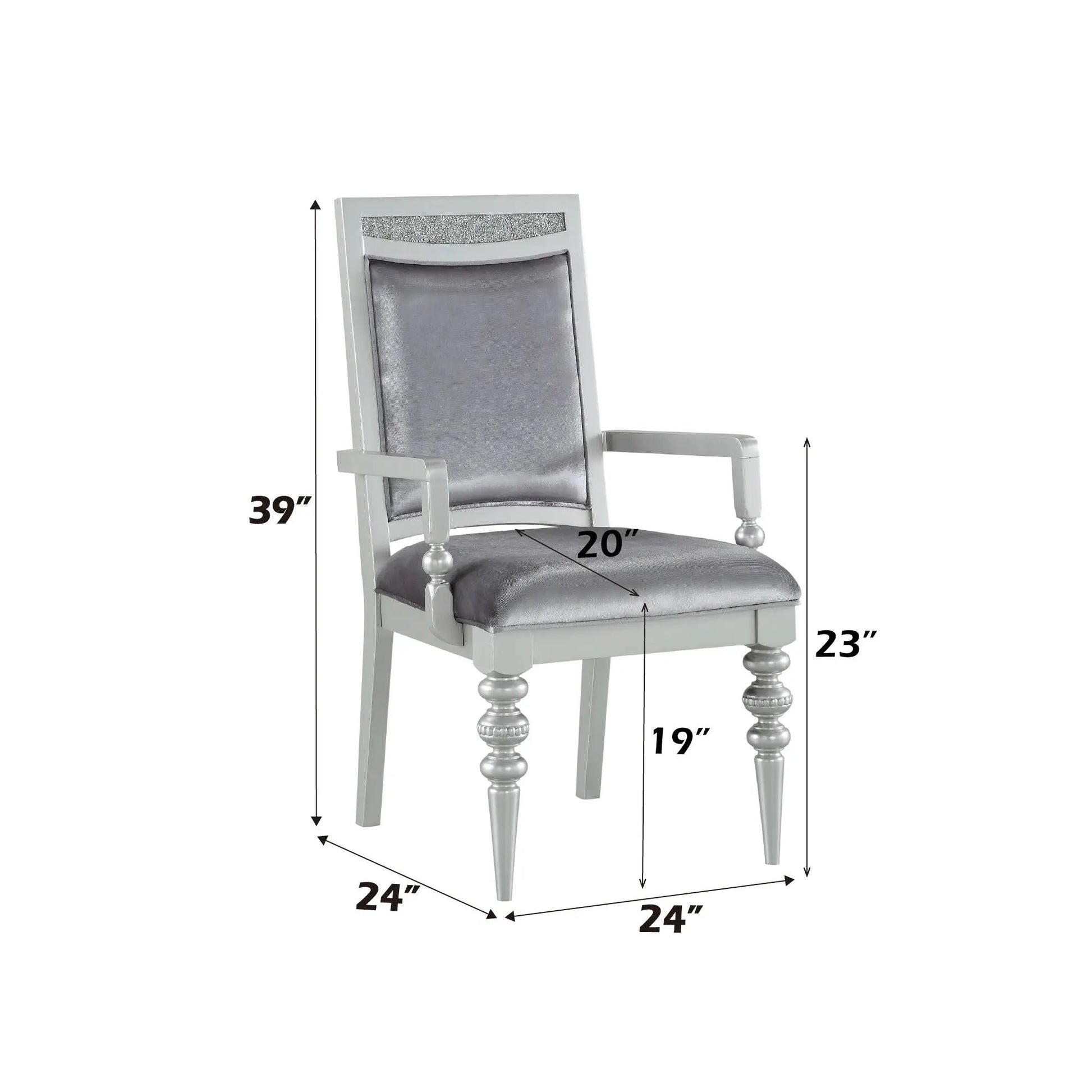 Maverick Arm Chair Set of 2 in silver with grey upholstered seat and back, turned legs on Tampa Home & Garden Store