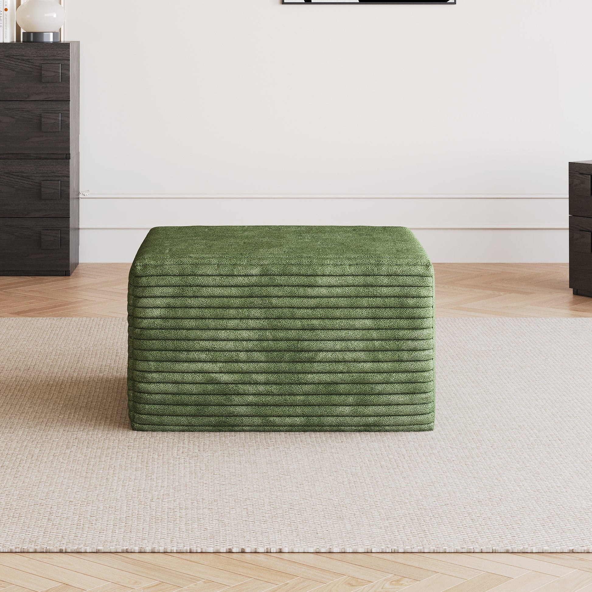 Green sofa ottoman in plush corduroy by HouseOfZazla in a room with dark wood dressers on Tampa Home & Garden Store