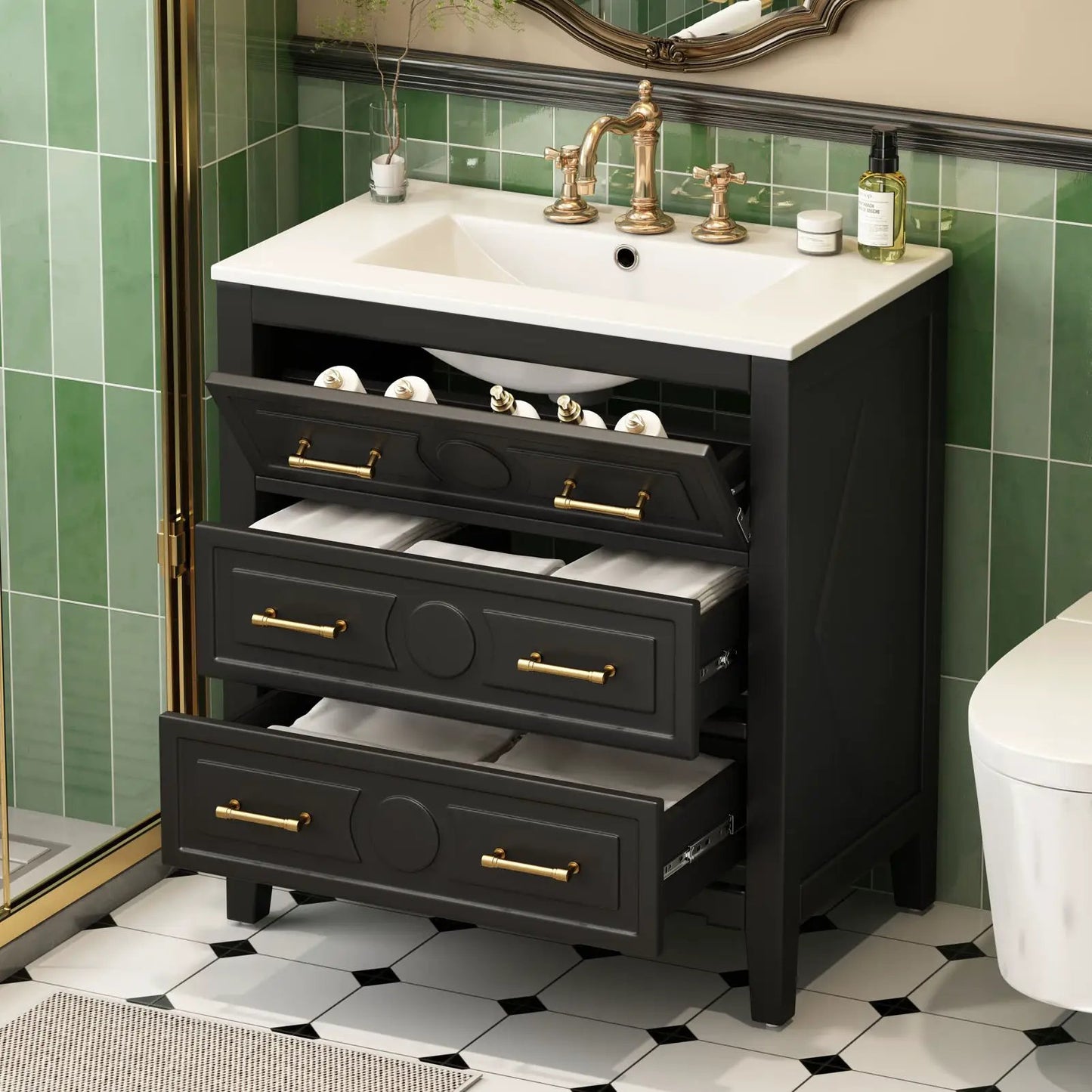 Retro bathroom vanity with sink, dark gray cabinet, countertop, brass handles, 3 drawers on Tampa Home & Garden Store