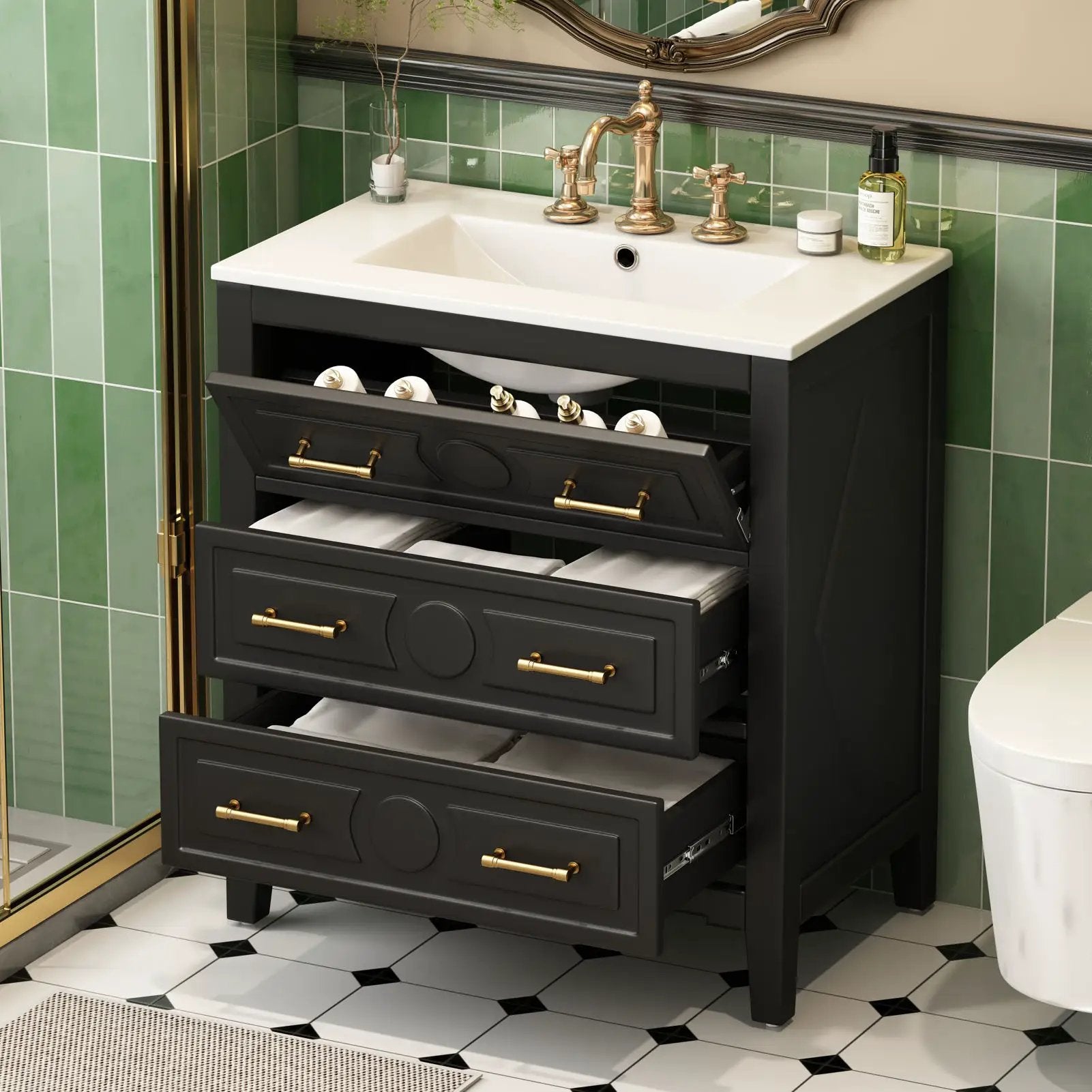 Retro bathroom vanity with sink, dark gray cabinet, countertop, brass handles, 3 drawers on Tampa Home & Garden Store