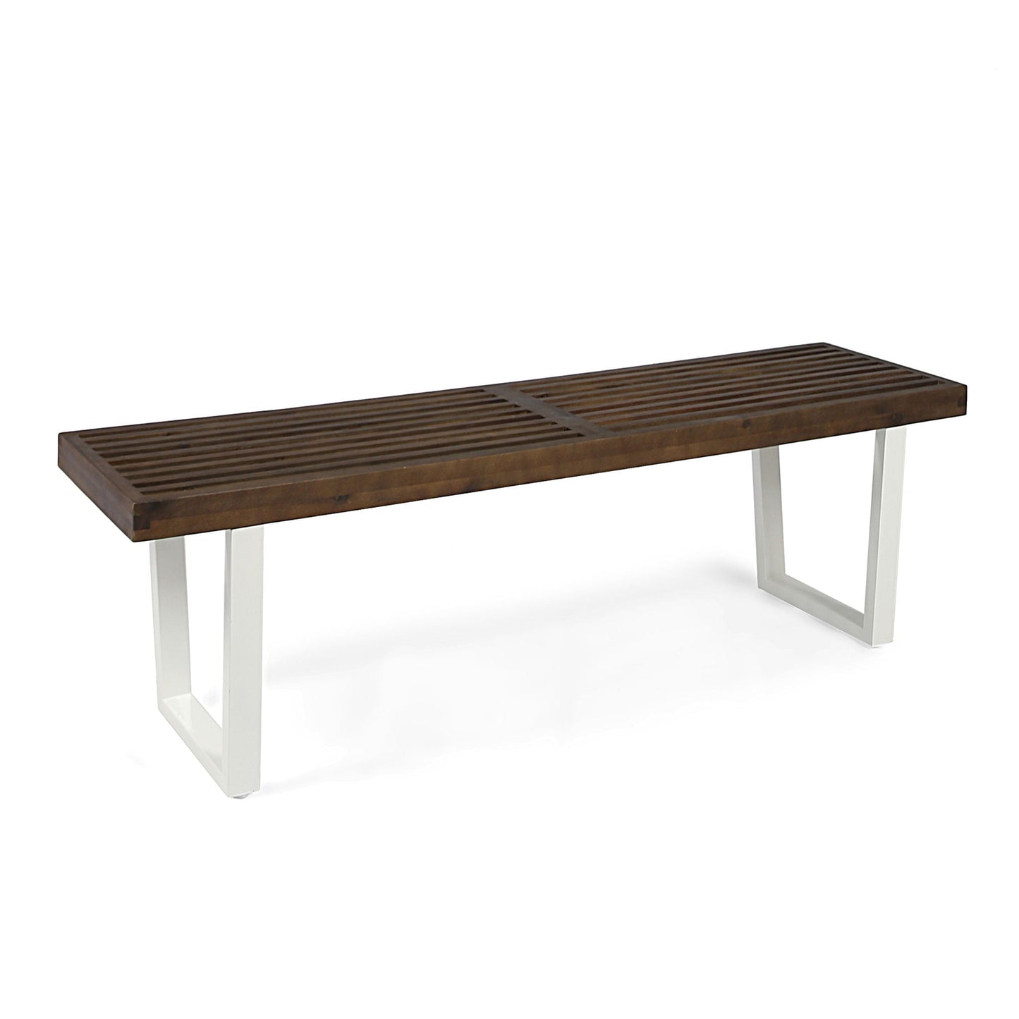 Intrinsic Outdoor Dining Bench With Slat Top by HouseOfZazla in dark wood with white metal legs on Tampa Home & Garden Store