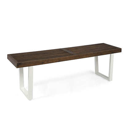 Intrinsic Outdoor Dining Bench With Slat Top by HouseOfZazla in dark wood with white metal legs on Tampa Home & Garden Store