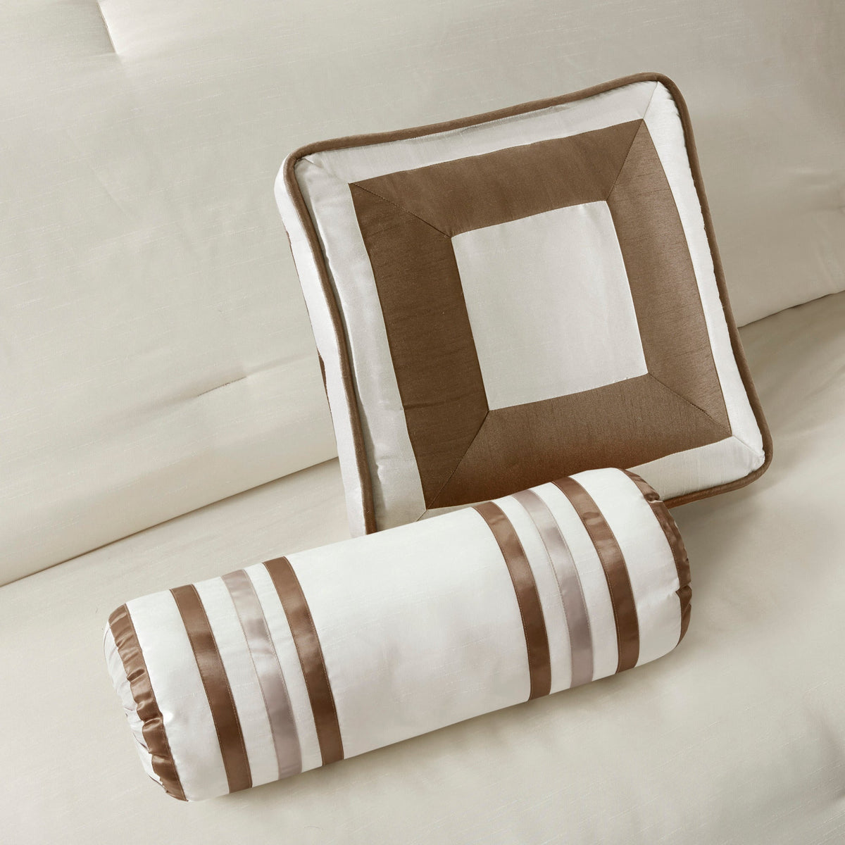 HouseOfZazla 7 Piece Comforter Set Taupe/Brown Queen bedding with striped border on Tampa Home & Garden Store