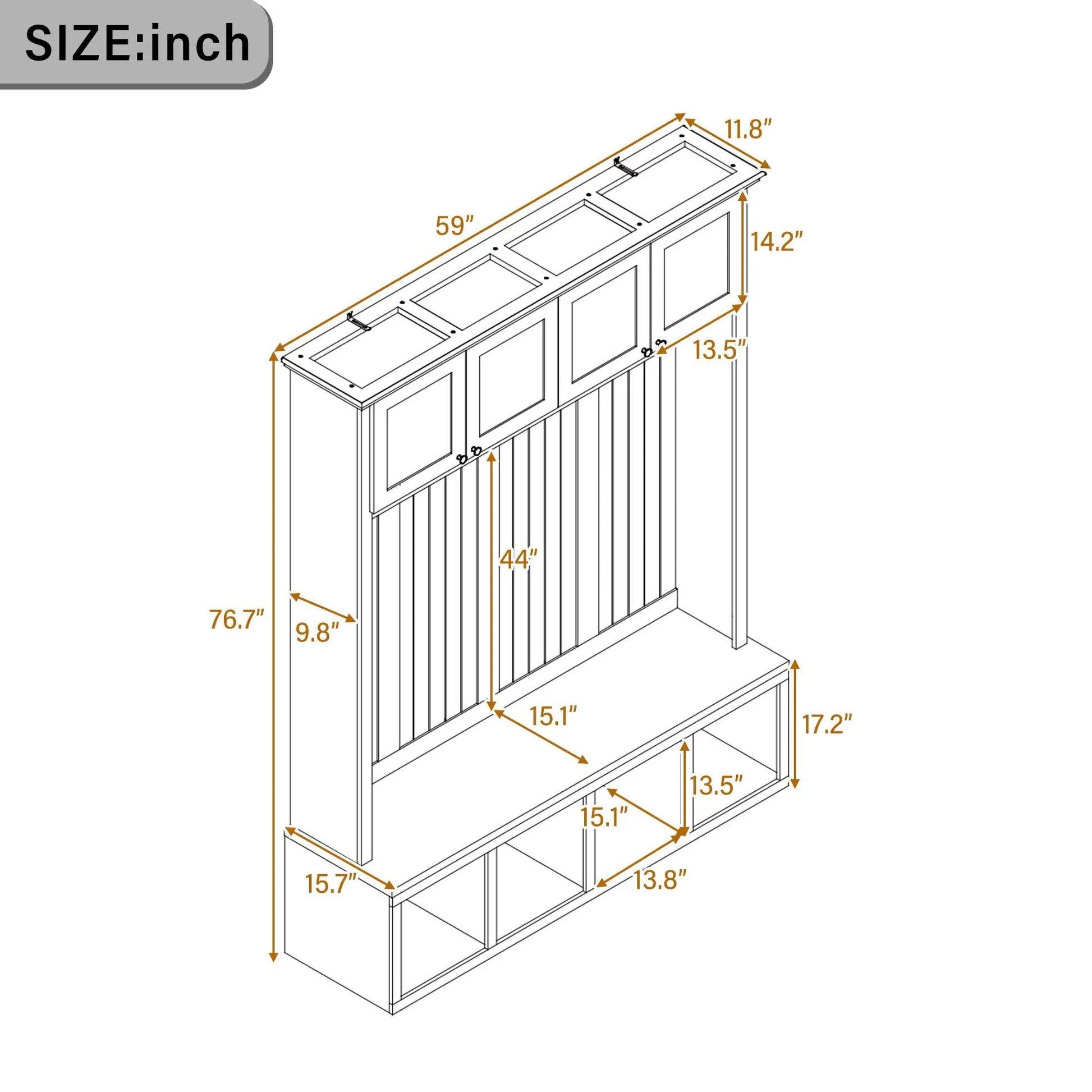 Entryway hall tree with bench and storage, line drawing with dimensions Unique Piece Furniture on Tampa Home & Garden Store
