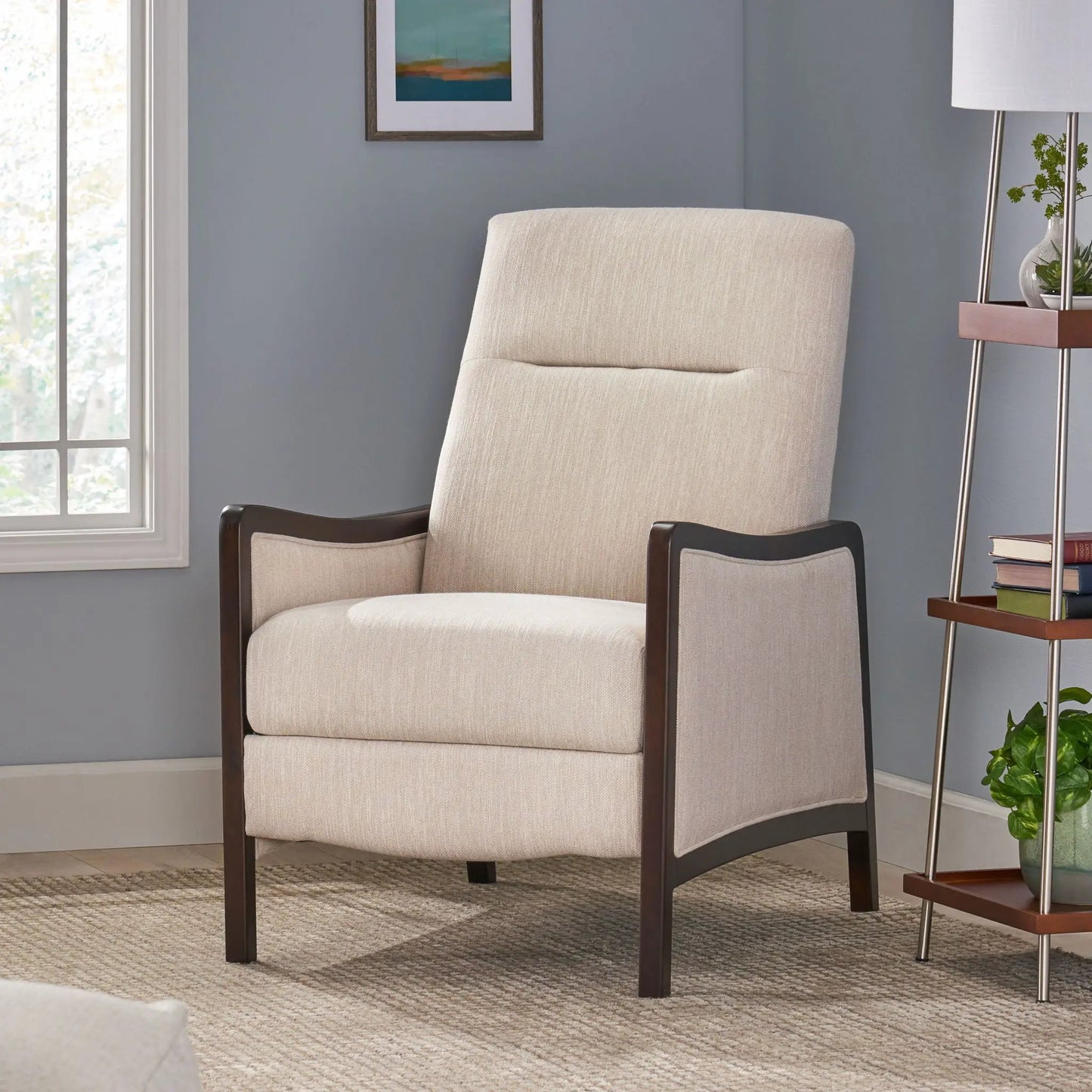 Drury pushback recliner in beige fabric with dark wood arms by Unique Piece Furniture on Tampa Home & Garden Store