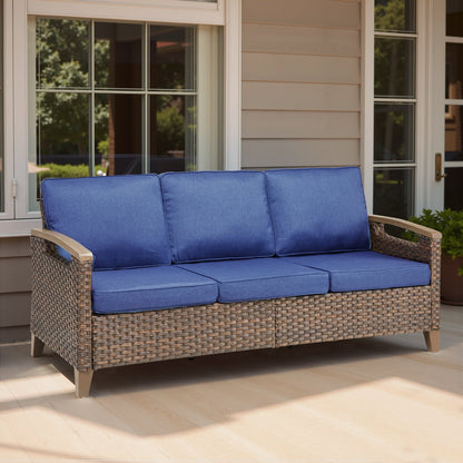 73.6in wide outdoor wicker patio sofa with blue cushions and wood-arm frame by HouseOfZazla on Tampa Home & Garden Store