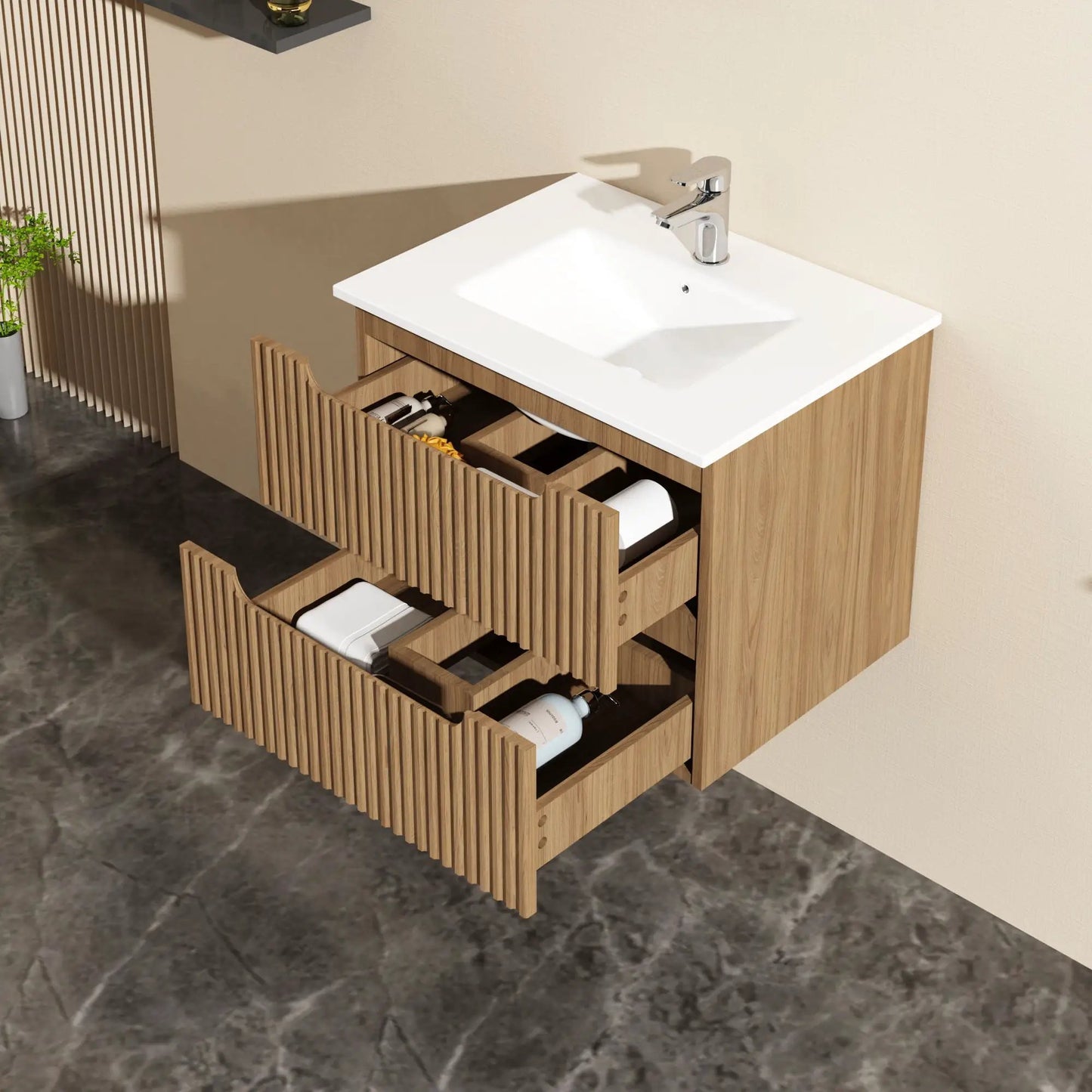 Walnut 24in wall-mount bathroom vanity cabinet with white countertop and slat-front drawers on Tampa Home & Garden Store