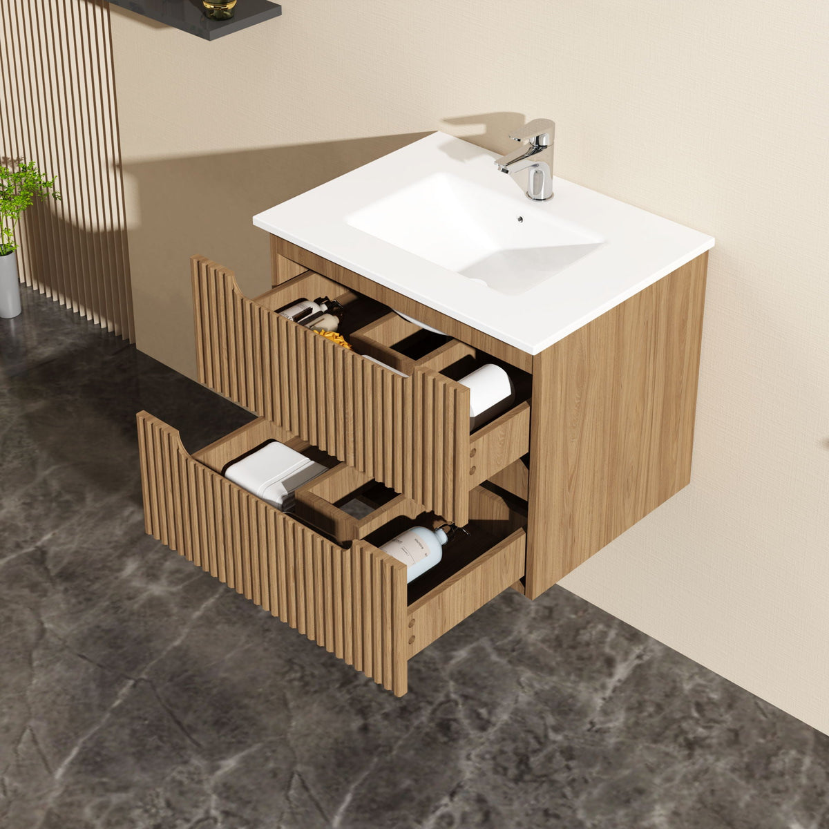 Light brown wall-mounted vanity with white sink and chrome faucet; slatted drawers on Tampa Home & Garden Store