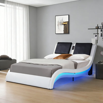 2 platform bed frames with blue LED lighting, curved white bases and gray upholstered headrests on Tampa Home & Garden Store