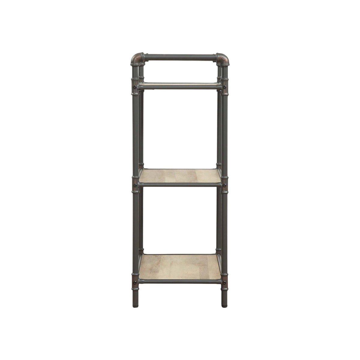 Light brown wood shelves on a dark metal pipe-frame etagere bookshelf on Tampa Home & Garden Store