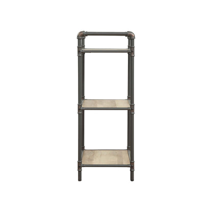 Light brown wood shelves on a dark metal pipe-frame etagere bookshelf on Tampa Home & Garden Store