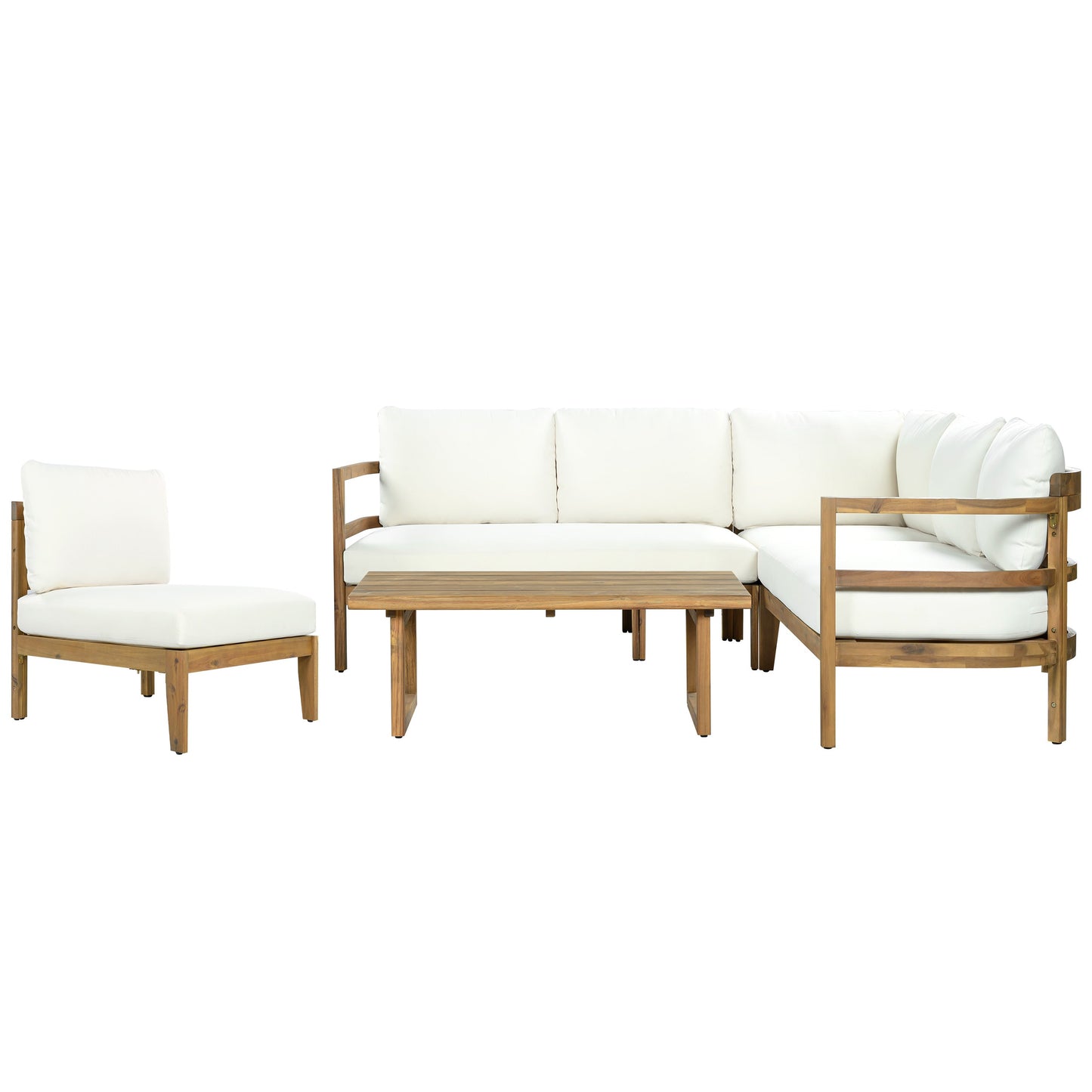 Outdoor Acacia Wood 5-Seater Sectional Sofa Set with white cushions by HouseOfZazla on Tampa Home & Garden Store
