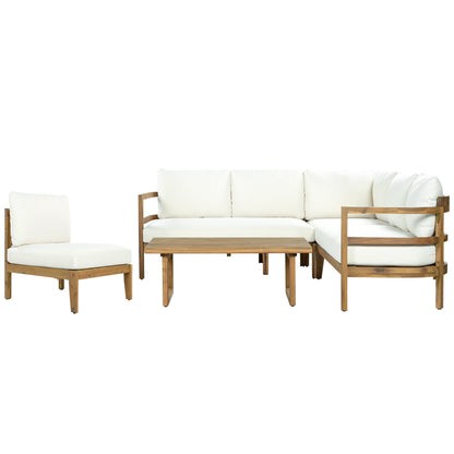 Outdoor Acacia Wood 5-Seater Sectional Sofa Set with white cushions by HouseOfZazla on Tampa Home & Garden Store