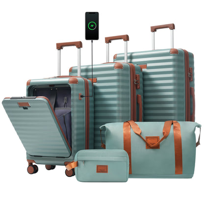 HouseOfZazla Deluxe 5-Piece hard-side luggage set teal with brown accents and USB/TSA locks on Tampa Home & Garden Store