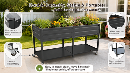 Dual Tier Elevated Metal Raised Garden Bed with lockable wheels & lower storage shelf on Tampa Home & Garden Store