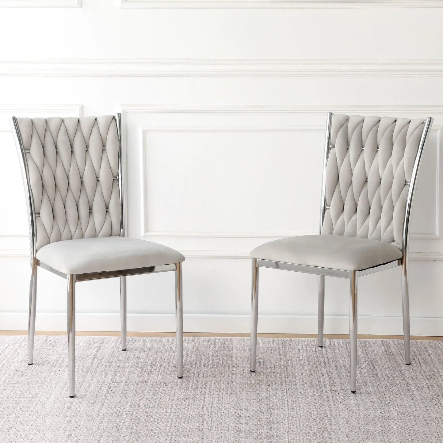 Modern dining chair set by Unique Piece Furniture, two tufted gray chairs with chrome legs on Tampa Home & Garden Store