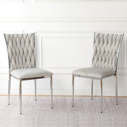Modern dining chair set by Unique Piece Furniture, two tufted gray chairs with chrome legs on Tampa Home & Garden Store