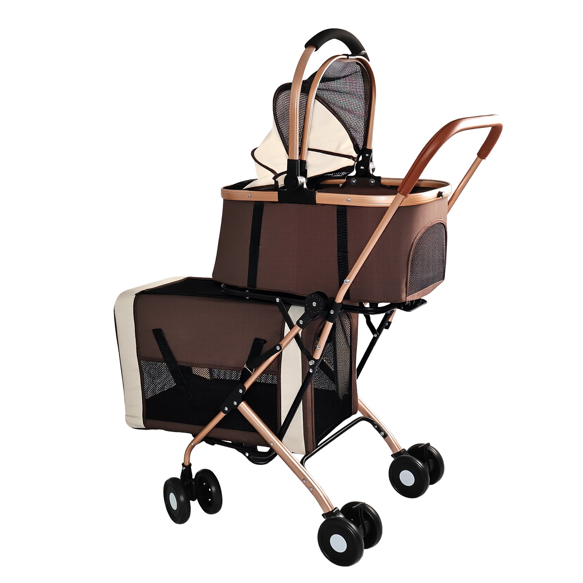 Double Pet Stroller for Dogs and Cats by HouseOfZazla tan frame with mesh on Tampa Home & Garden Store