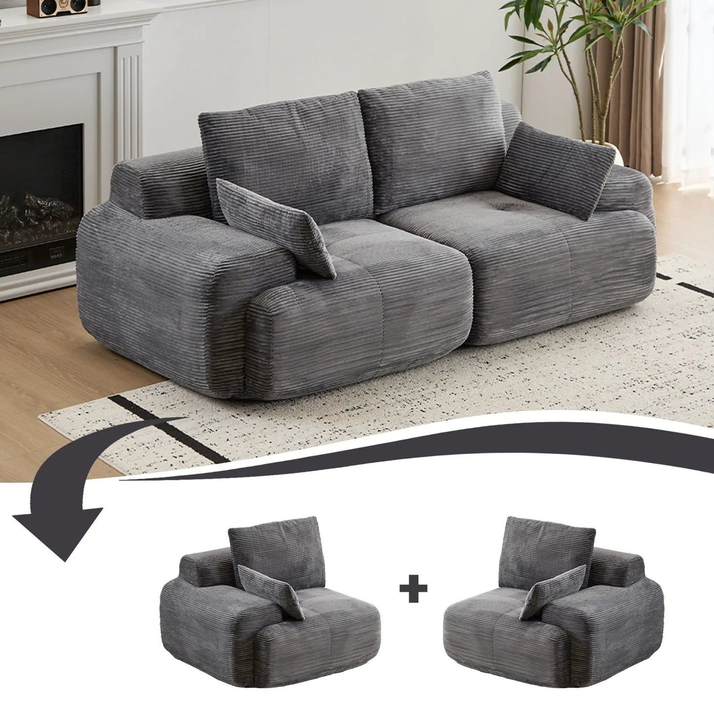 2 Seater Sectional Couch gray corduroy by Unique Piece Furniture stationary living room sofa on Tampa Home & Garden Store