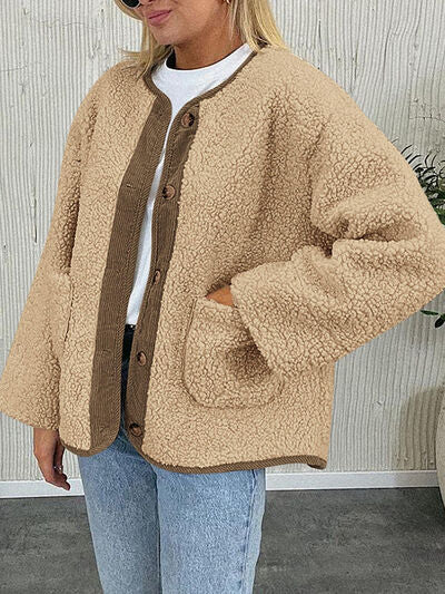 Sherpa jacket Stevvex in tan with brown button placket and pockets on Tampa Home & Garden Store