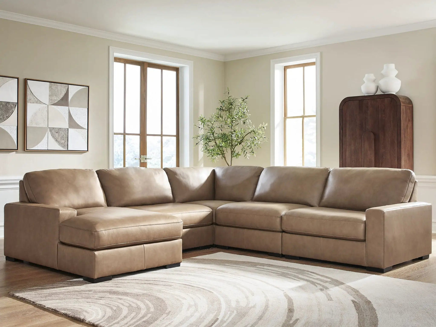 Veronella Sectional sofa by Unique Piece Furniture in tan leather, stationary seating on Tampa Home & Garden Store
