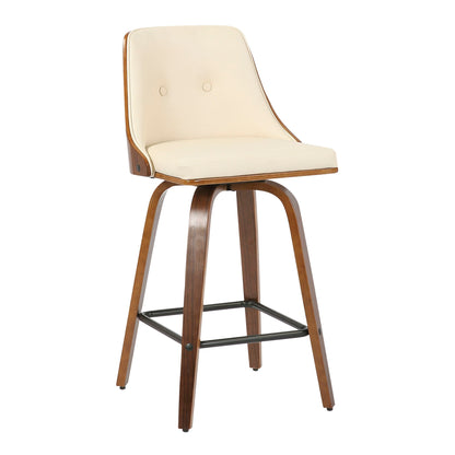 Mid Century Modern counter stool set with swivel, cream leather, walnut wood legs on Tampa Home & Garden Store