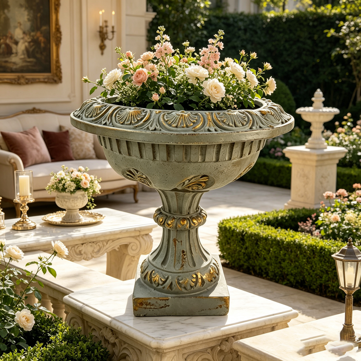 Antique Blue MGO Planter with drainage hole holding pale pink and white roses on Tampa Home & Garden Store