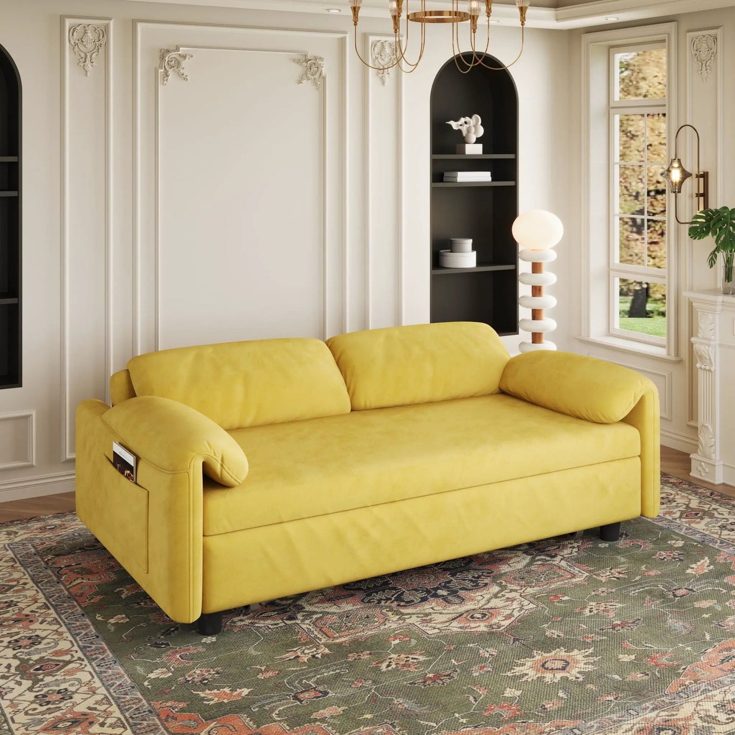 Sleeper sofa in mustard-yellow fabric with retractable queen bed by Unique Piece Furniture on Tampa Home & Garden Store