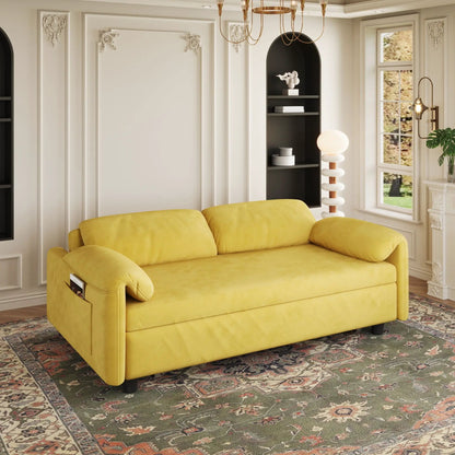 Sleeper sofa in mustard-yellow fabric with retractable queen bed by Unique Piece Furniture on Tampa Home & Garden Store