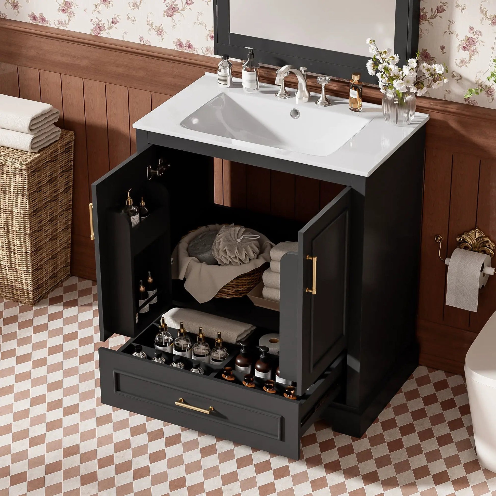 Unique Piece Furniture vanity with sink, dark gray cabinet, 1 divided drawer, 2 soft-close doors on Tampa Home & Garden Store
