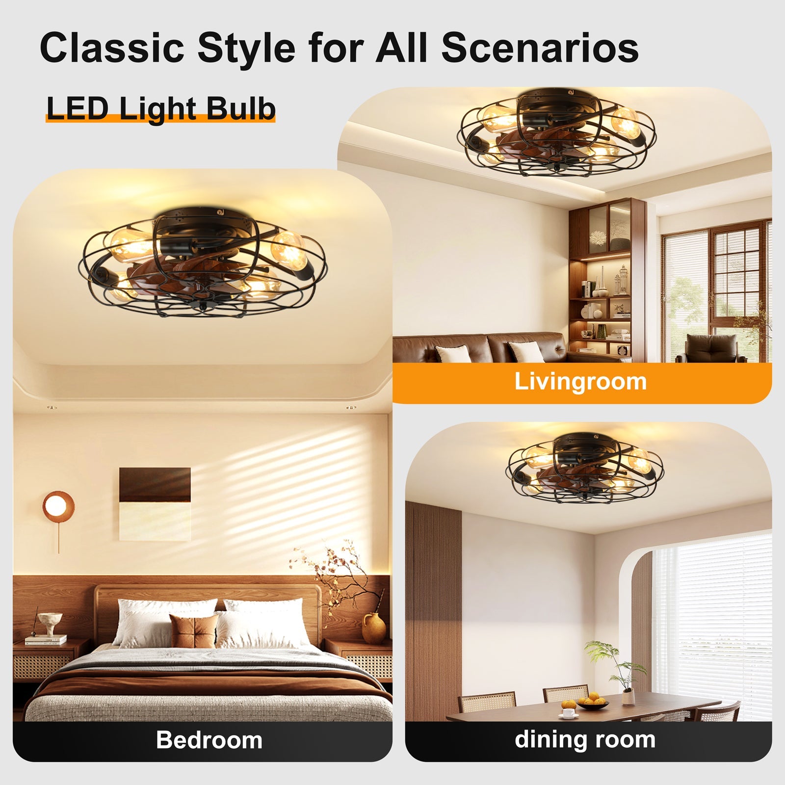 19.7-inch Industrial Caged Ceiling Fan with Light, black metal cage, LED bulbs, HouseOfZazla on Tampa Home & Garden Store