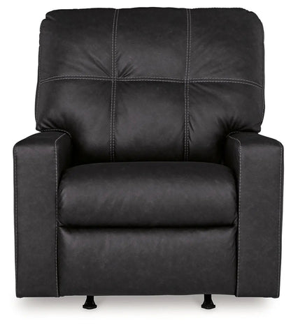 Barlin Mills Rocker Recliner, black faux leather upholstery, padded back and arms on Tampa Home & Garden Store