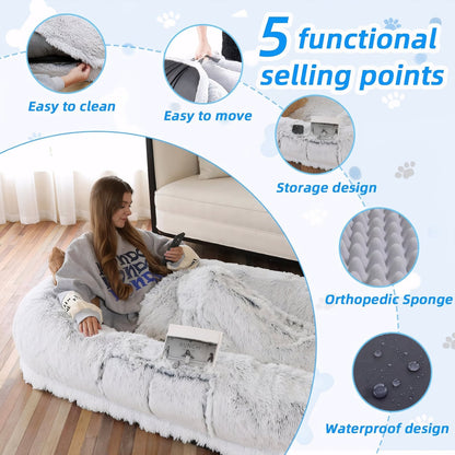 Human Dog Bed with Washable Faux Fur and Orthopedic Support in gray plush by HouseOfZazla on Tampa Home & Garden Store