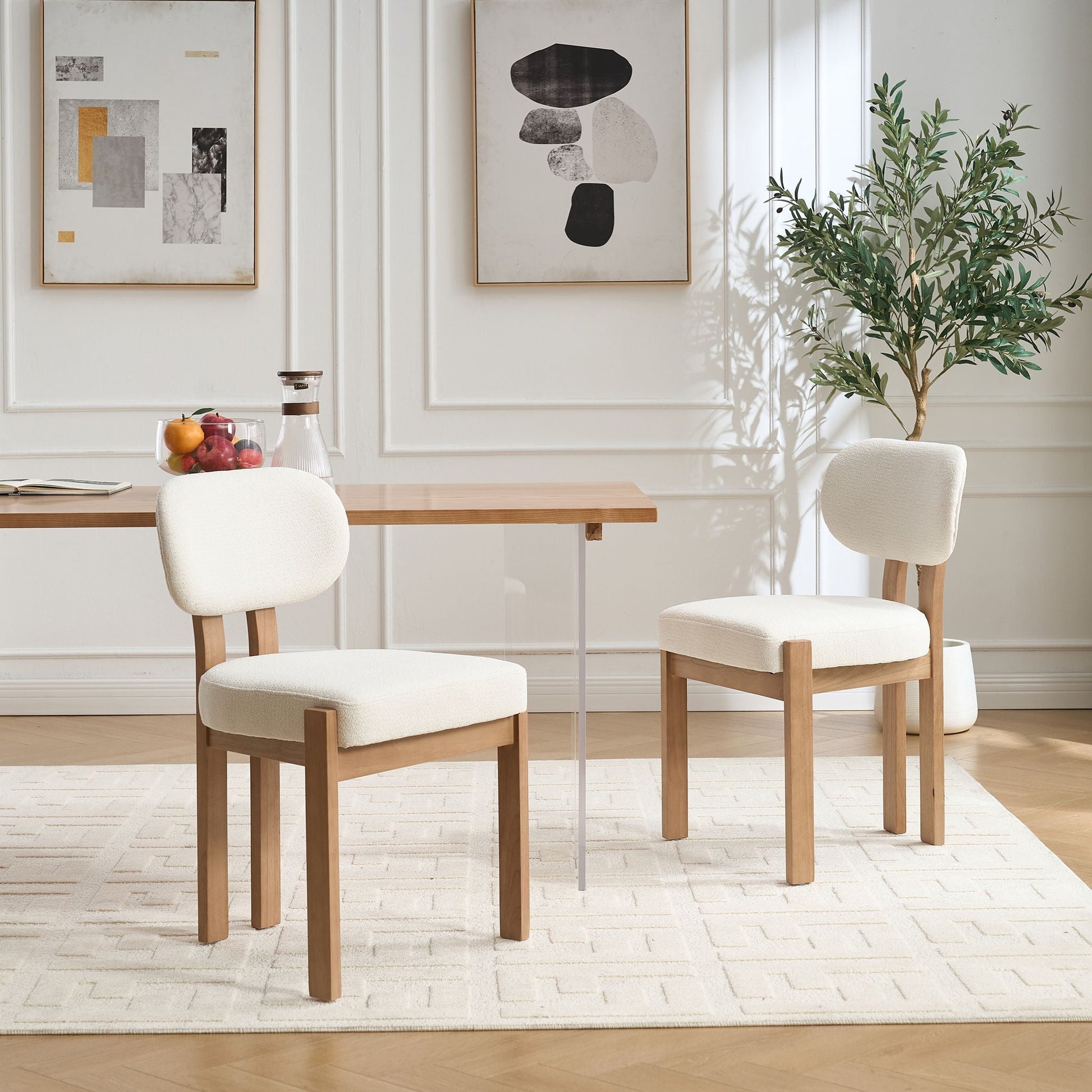 Dining chairs set of 2 with ergonomic backrest and adjustable feet; white upholstery, light wood legs on Tampa Home & Garden Store