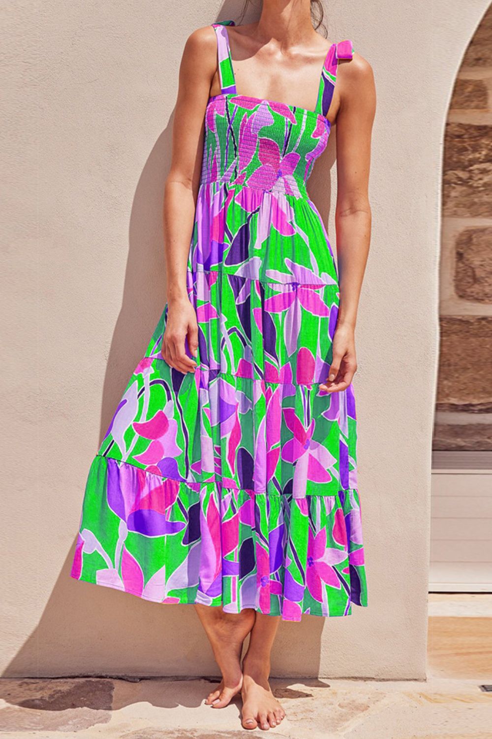 Long floral tie-shoulder smocked midi dress in purple pink green with tiered skirt by Stevvex on Tampa Home & Garden Store