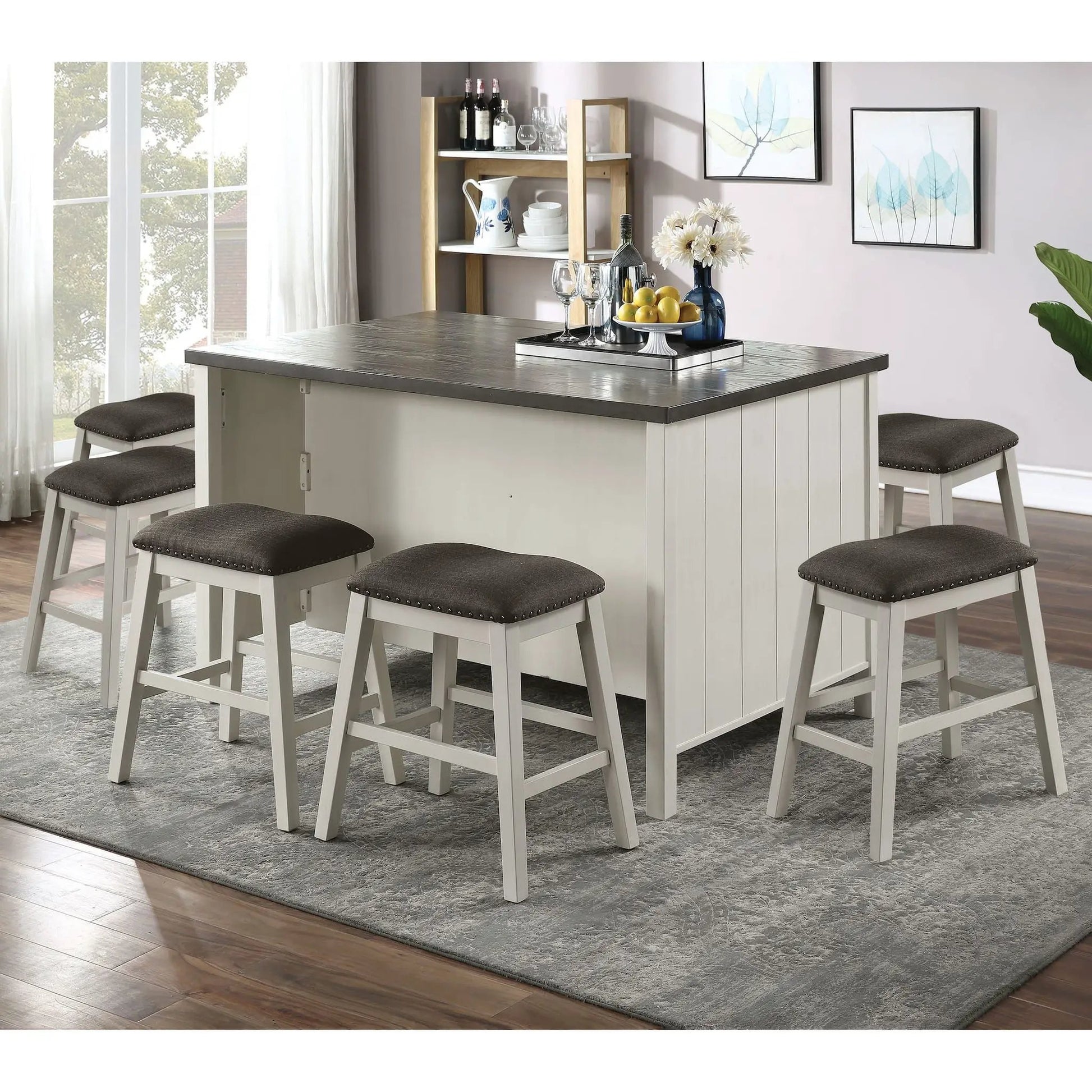 Counter Height Dining Table With Storage Cabinet Base, dark gray top, off-white body with paneled sides, gray stools on Tampa Home & Garden Store