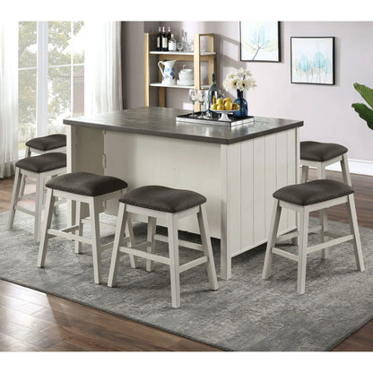 Counter Height Dining Table With Storage Cabinet Base, dark gray top, off-white body with paneled sides, gray stools on Tampa Home & Garden Store