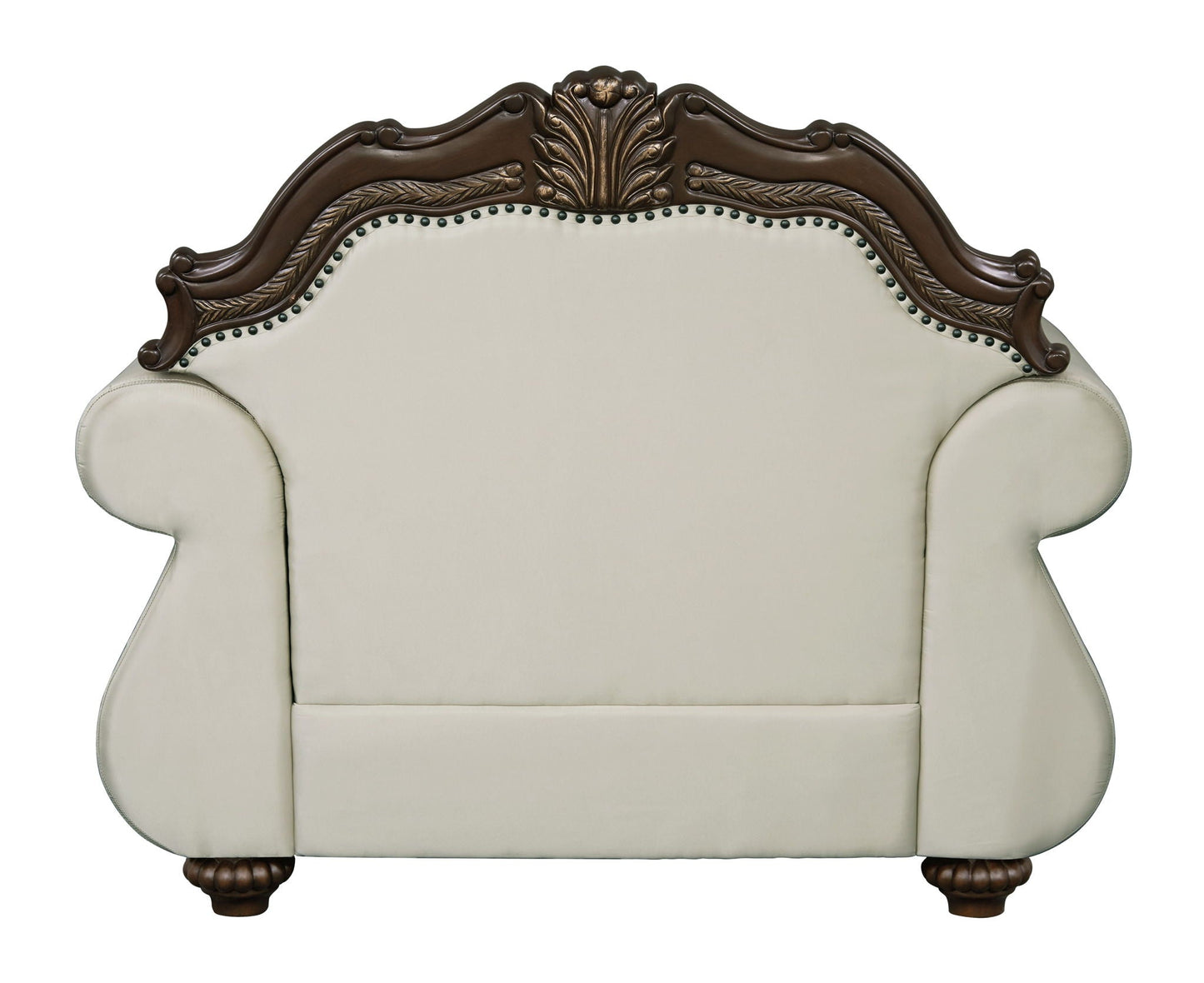 Pierce Chair With Pillow beige upholstery on dark cherry carved wood frame nailhead trim on Tampa Home & Garden Store
