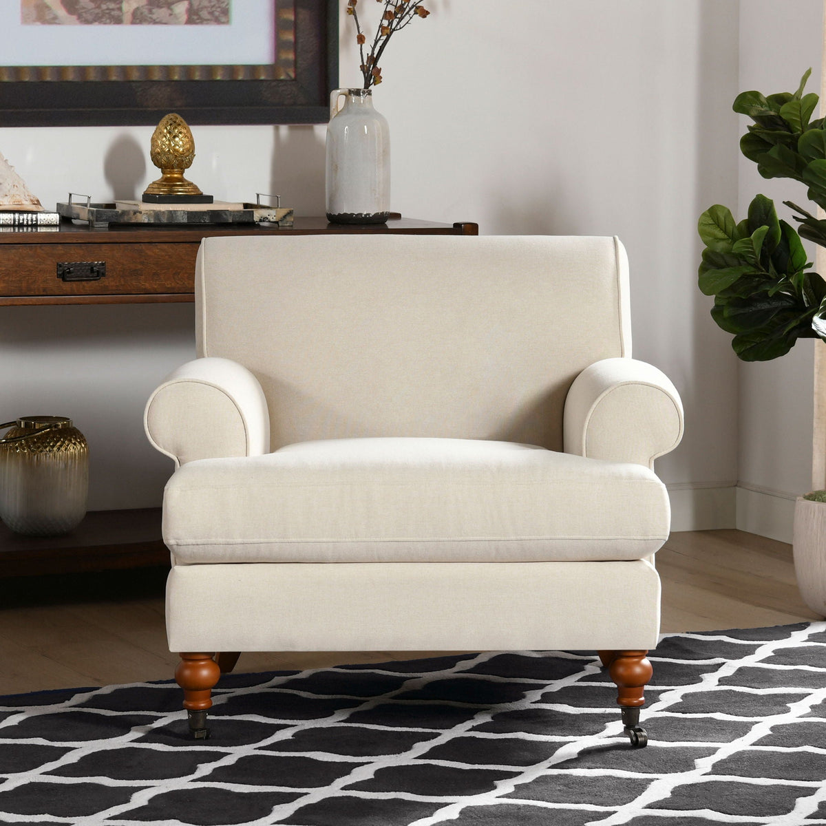 Beige upholstered Accent Arm Chair with Casters, solid hardwood frame and rounded arms on Tampa Home & Garden Store