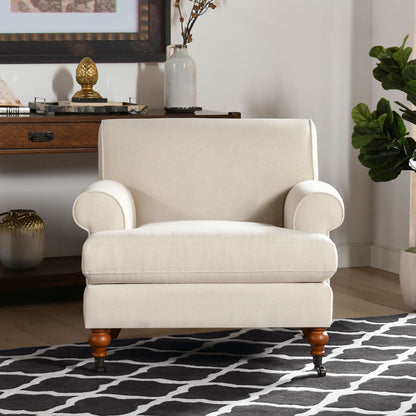 Beige upholstered Accent Arm Chair with Casters, solid hardwood frame and rounded arms on Tampa Home & Garden Store
