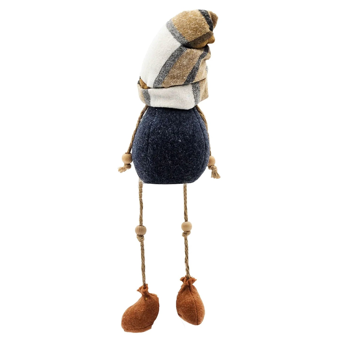 Fall gnome figurine with blue body, brown plaid scarf, and rope limbs on Tampa Home & Garden Store