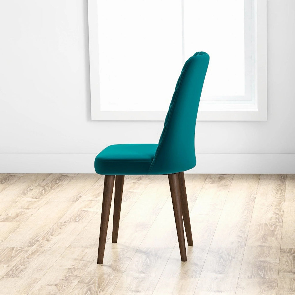 Mid-Century Modern teal upholstered dining chair with dark wood legs side view on Tampa Home & Garden Store